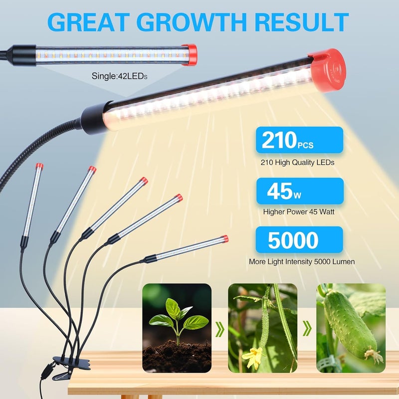 FECiDA GameChanger! 45W, NOT 15W, 5Head Strong Clip Grow Lights for Indoor Plants with Timer, Best Gift for Plants Lover, LED Plant Growing Lamp for Houseplants, Bonsai, Seed Starting, Seedlings, VEG, Flower - Image 3